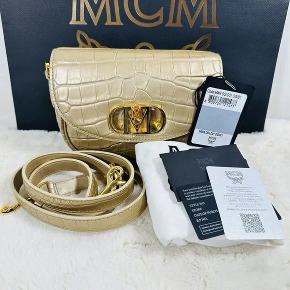 MCM Mode Travia Crossbody Bag Gold Croco Embossed with 24K Gold Plated Logo NWT